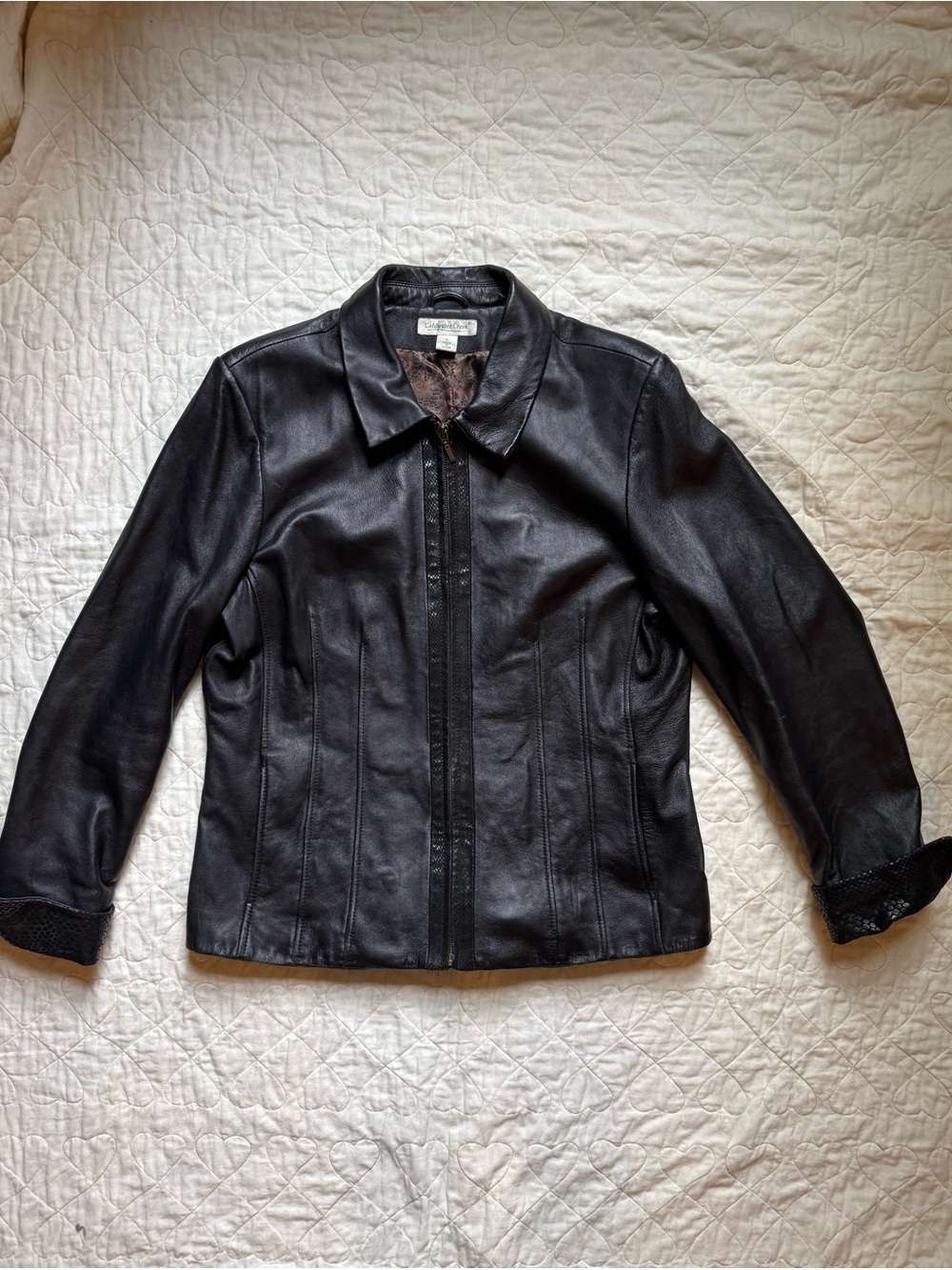 Vintage Coldwater Creek Black Leather Zip Jacket Snakeskin Biker Motorcycle Y2K